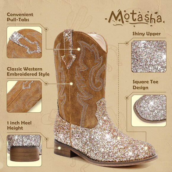 Unisex Child Sequins Brown Mid Calf Glitter Toddler Cowboy Boot Little Big Kids - Picture 5 of 8